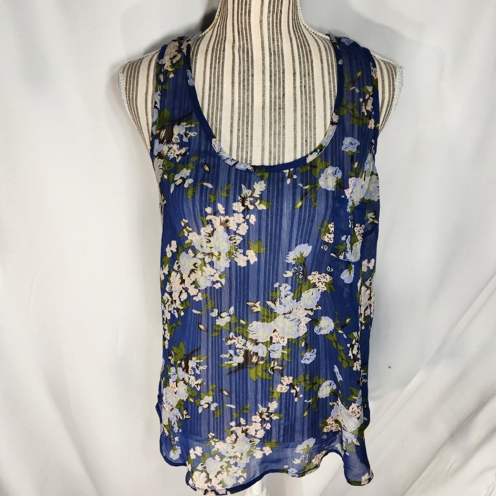Route 66 Blue w/ Floral Print Sheer Sleeveless Tank Top Size Large